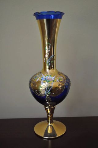 Hand Blown Hand Painted Italian Blue/gold Bud Vase 9 