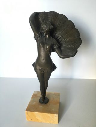 Antique Art Deco Soild Bronze Figurine Of Fan Dancer/flapper On Marble Base photo