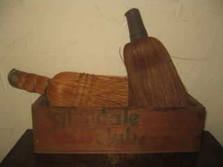 Vintage / Antique Wooden Glendale Club Cheese Box W/ 2 Whisk / Wisk Brooms photo