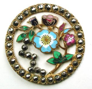 Antique French Enamel Button Fancy Pierced Floral W/ Cut Steel Border - 1 & 1/4 