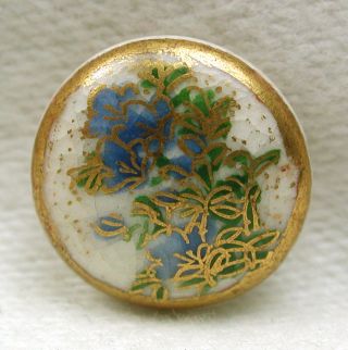 Antique Meiji Satsuma Button Colorful Blue Flowers W/ Gold Accents - 1/2 