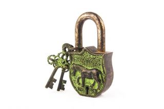 Royal Horse Themed Antique Hand Built Vintage Style Padlock Lock W 2 Keys Bl 017 photo