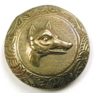 Antique Brass Sporting Button Fox Head W/ Fancy Floral Border - 15/16 