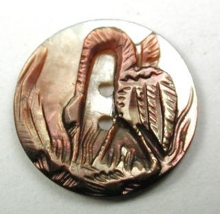 Antique Carved Iridescent Shell Button Foraging Crane Design - 11/16 