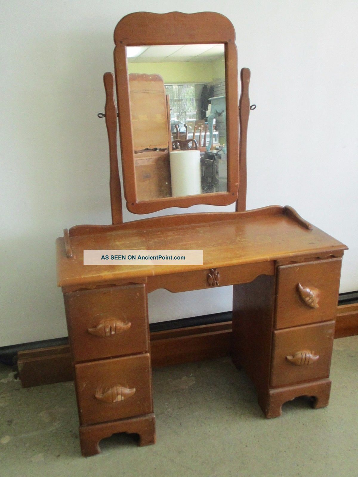 Vintage Desk Vanity & Mirror Maple Wood Dresser & Mirror 4 Drawers 42x17x30 Post-1950 photo