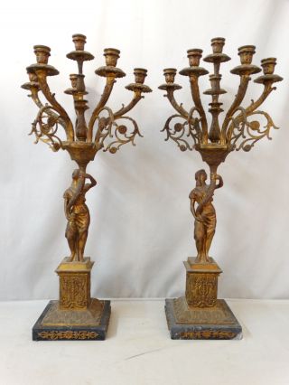 (2) Antique Egyptian Blackamoor Figural Lady Statue Old Candle Holder Candelabra photo