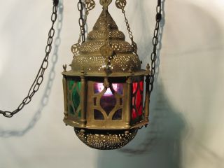 Collectibles 1900 ' S Moroccan Stained Glass Hanging Lamps Incense Tray Chains photo