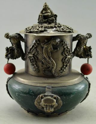 Collectible Decor Old Handwork Silver Plate Copper Jade Dragon Incense Burner photo