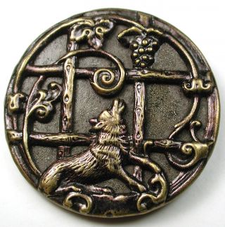 Lg Sz Antique Tinted Brass Button Fox & Grapevine Fable Design - 1 & 5/16 