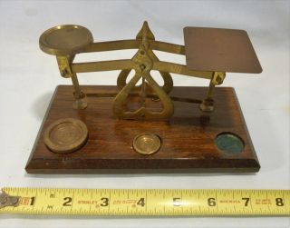Old English Small Brass Scale On Wooden Base With 2 Brass Oz Weight photo