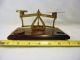 Old English Small Brass Scale On Wooden Base With 2 Brass Oz Weight Scales photo 1