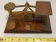 Old English Small Brass Scale On Wooden Base With 2 Brass Oz Weight Scales photo 2