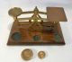 Old English Small Brass Scale On Wooden Base With 2 Brass Oz Weight Scales photo 3