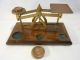 Old English Small Brass Scale On Wooden Base With 2 Brass Oz Weight Scales photo 4