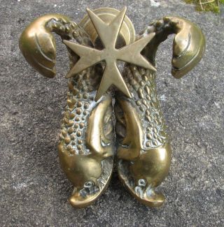 Rare Reclaimed Heavy Brass Malta Door Knocker With 2 Fish 2.  3lbs photo