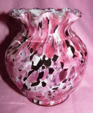 Vtg Art Deco Spatter Art Glass Pink White Black Crimped Bulbous Ornate 5.  5 