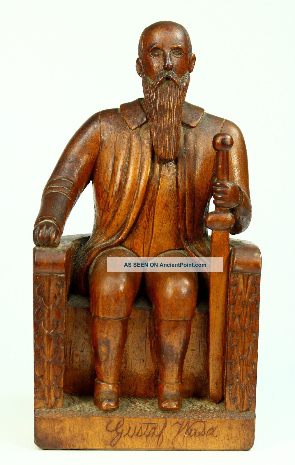 Antique Early Hand Carved Wood King Gustav I Vasa Figure,  Swedish Folk Art Carved Figures photo