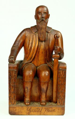 Antique Early Hand Carved Wood King Gustav I Vasa Figure,  Swedish Folk Art photo