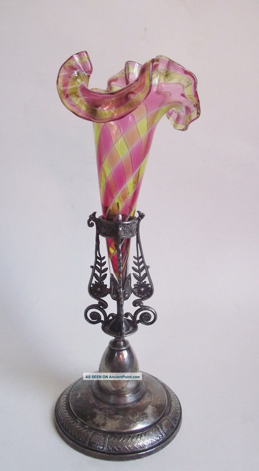 Antique Victorian Art Glass Epergne Vase Rainbow Pink Amber Swirl Stripe Silver Vases photo