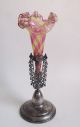 Antique Victorian Art Glass Epergne Vase Rainbow Pink Amber Swirl Stripe Silver Vases photo 1