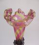 Antique Victorian Art Glass Epergne Vase Rainbow Pink Amber Swirl Stripe Silver Vases photo 3