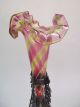 Antique Victorian Art Glass Epergne Vase Rainbow Pink Amber Swirl Stripe Silver Vases photo 5