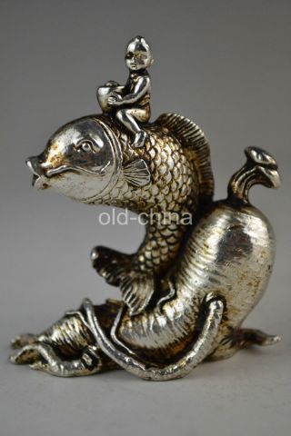 China Collectible Vintage Old Tibet Silver Carve Fish Child Lucky Noble Statue photo