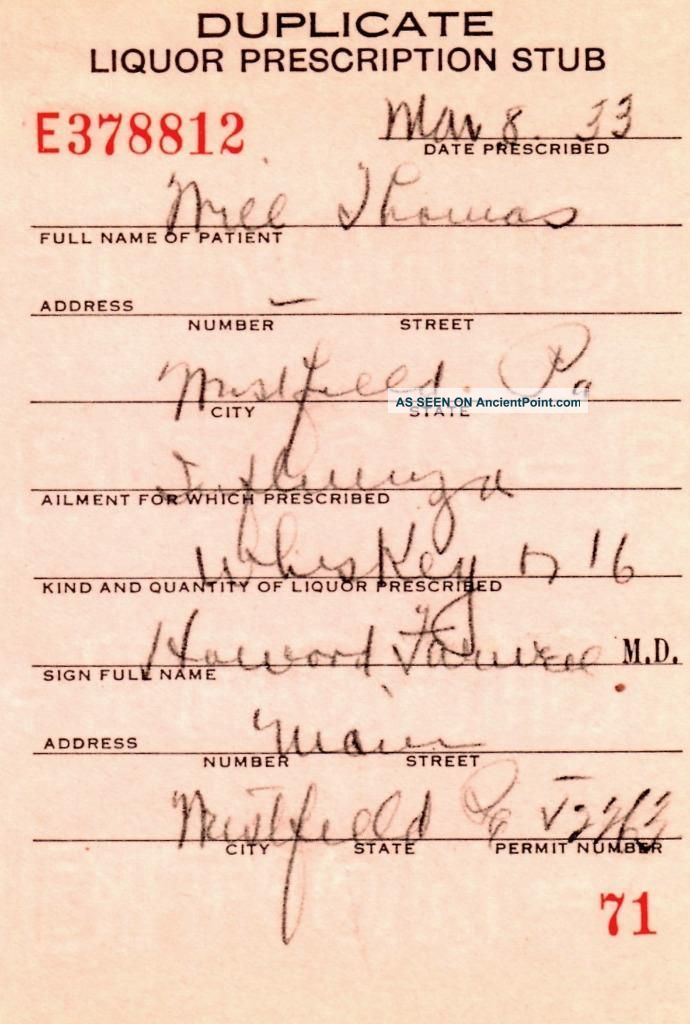 Prohibition Will Thomas Whiskey Prescription Doctor ' S Rx Stub Westfield Pa Bar Other Medical Antiques photo