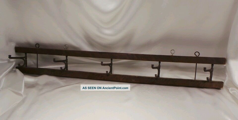Vtg Antique Primitive Wooden Cast Iron Swivel Hooks Coat Wall Mount Hanger Primitives photo