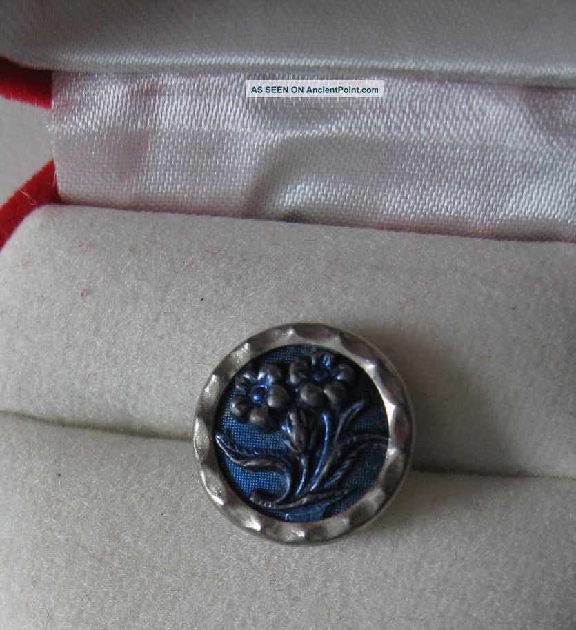 Antique Pewter Accent Button Cobalt Blue 1/2 Inch Floral Design Tin Back Buttons photo