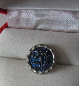 Antique Pewter Accent Button Cobalt Blue 1/2 Inch Floral Design Tin Back photo