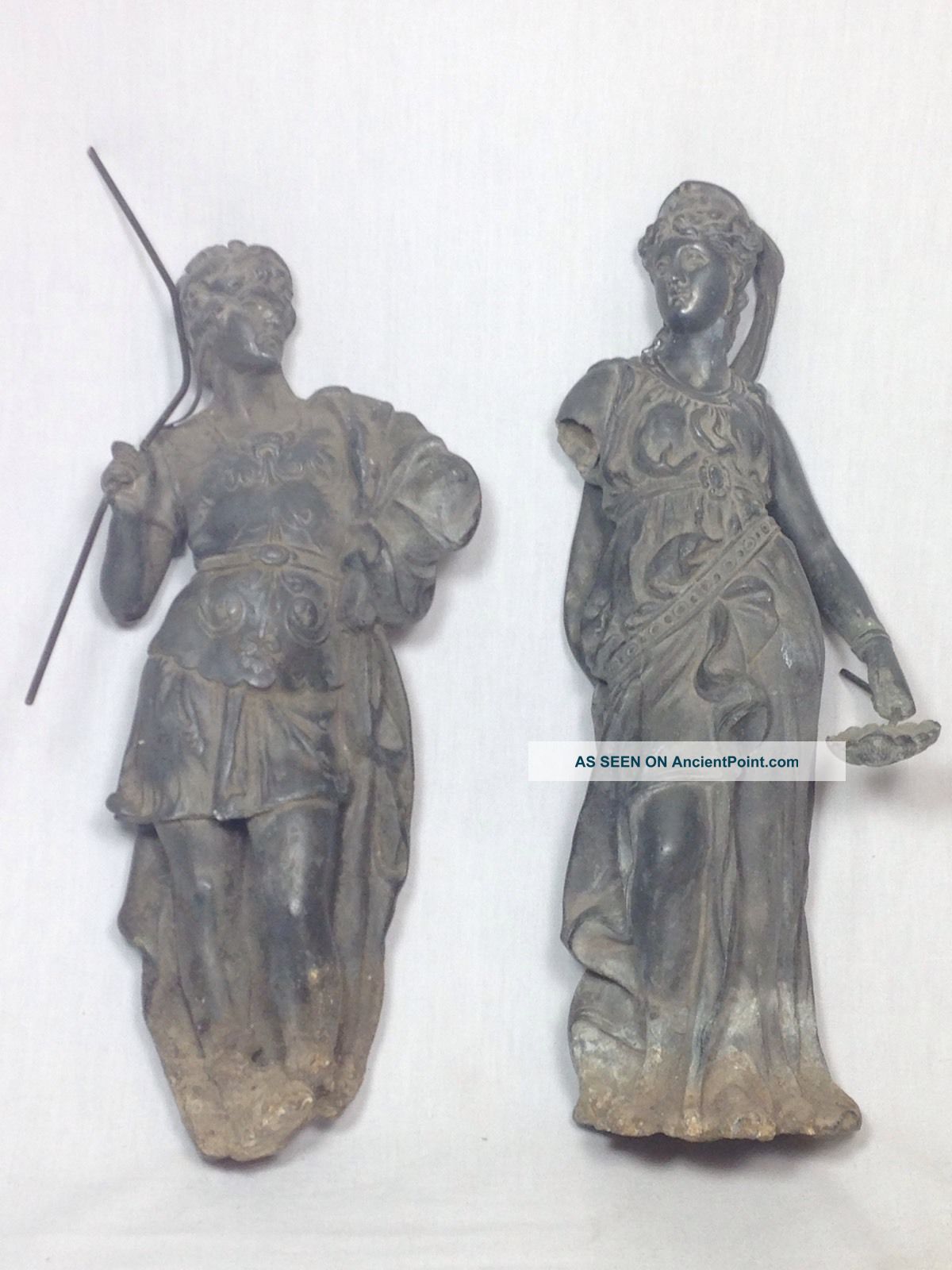 Pair Antique Spelter/bronze Cast Metal Figure Statue Greek Roman Soldier Goddess Metalware photo