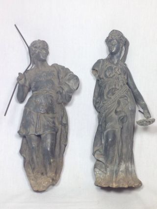 Pair Antique Spelter/bronze Cast Metal Figure Statue Greek Roman Soldier Goddess photo