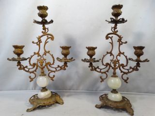 (2) Antique Art Nouveau Floral Onyx & Brass Old Rococo Candle Holder Candelabra photo