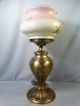 Antique Art Nouveau Era Brass Repousse Torch Painted Flower Glass Banquet Lamp Lamps photo 3