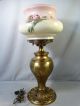 Antique Art Nouveau Era Brass Repousse Torch Painted Flower Glass Banquet Lamp Lamps photo 4