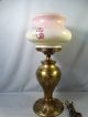 Antique Art Nouveau Era Brass Repousse Torch Painted Flower Glass Banquet Lamp Lamps photo 6