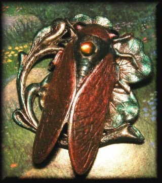 Cicada Bug Sitting On 4 Leaf Clover Hand Painted Enamel Brass Studio Button photo