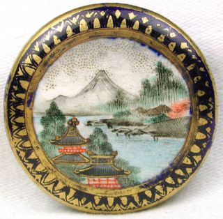 Lg Antique Meiji Satsuma Button Pagodas & Lake W/ Mt Fuji & Cobalt - Fancy Bk Mk photo
