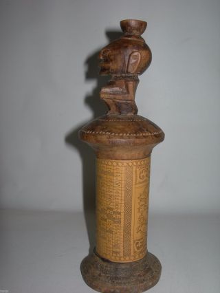 Vintage Antique Tribal Cylinder Vessel Carved Figural Lid Scrimshaw Style Art photo