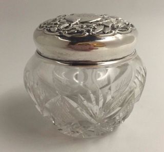 Vintage Sterling Silver Repousse & Cut Glass Dresser Vanity Powder Trinket Jar photo