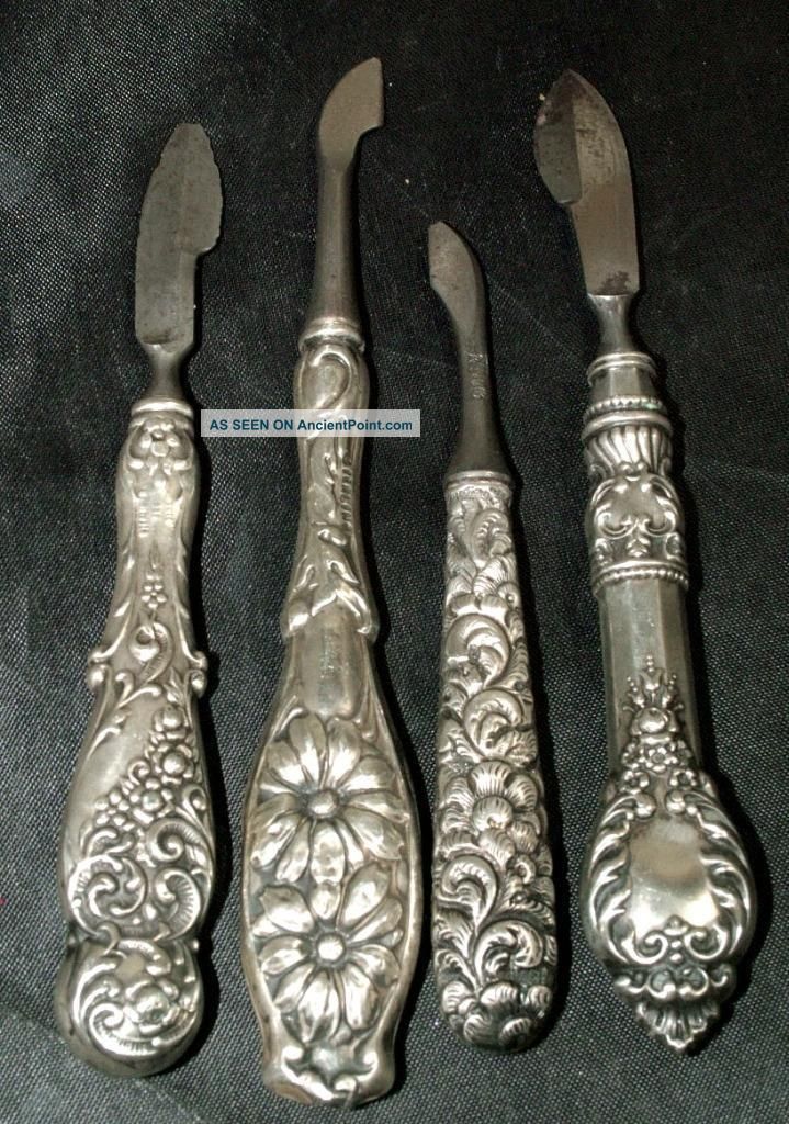 Antique Sterling Silver 4 Victorian Vanity Nail Tool & Paper Scrapers Repousse Brushes & Grooming Sets photo