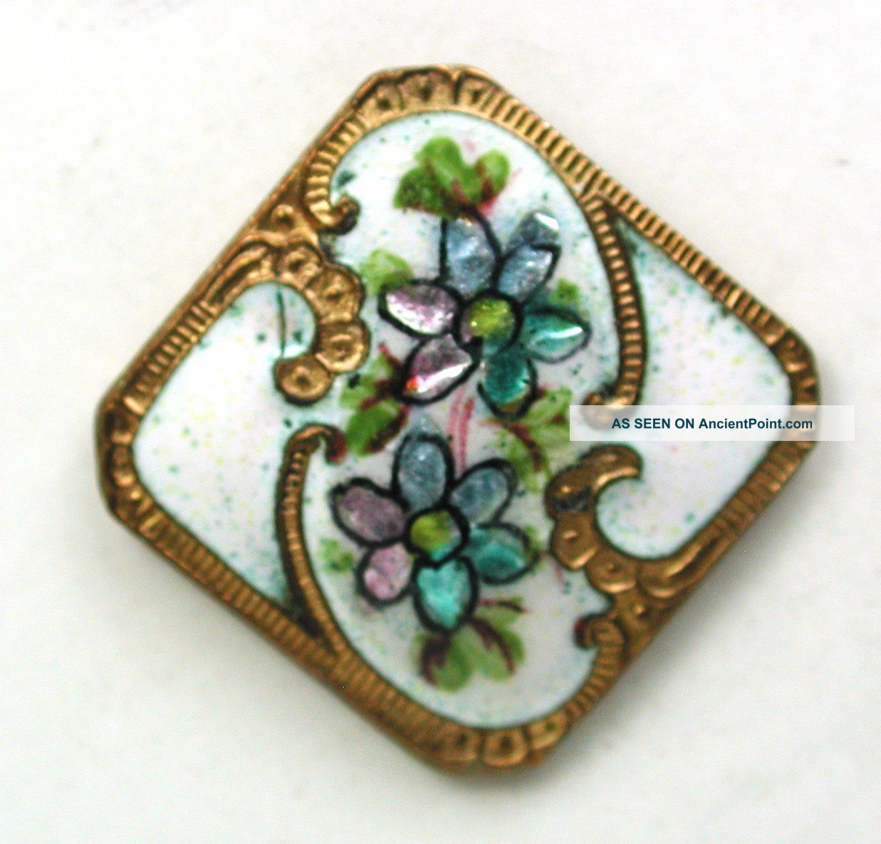 Antique French Enamel Button Square W/ Foil Under Surface Flowers Buttons photo