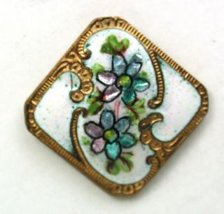 Antique French Enamel Button Square W/ Foil Under Surface Flowers photo
