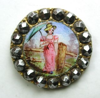 Antique French Enamel Button Hnd Paint Woman Holds Parasol Cut Steel Rim 11/16 