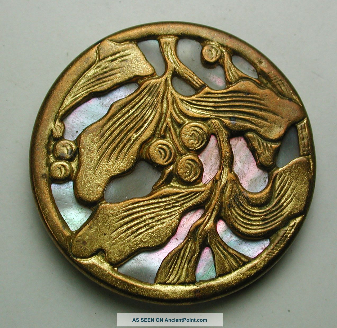 Antique Iridescent Shell & Brass Button Nouveau Design Cherries Leaves 1&1/16 Buttons photo