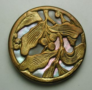 Antique Iridescent Shell & Brass Button Nouveau Design Cherries Leaves 1&1/16 photo