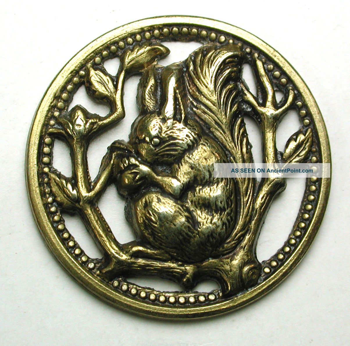 Antique Brass Button Pierced Squirrel Eating Nut Design 1 & 1/16 
