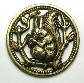 Antique Brass Button Pierced Squirrel Eating Nut Design 1 & 1/16 