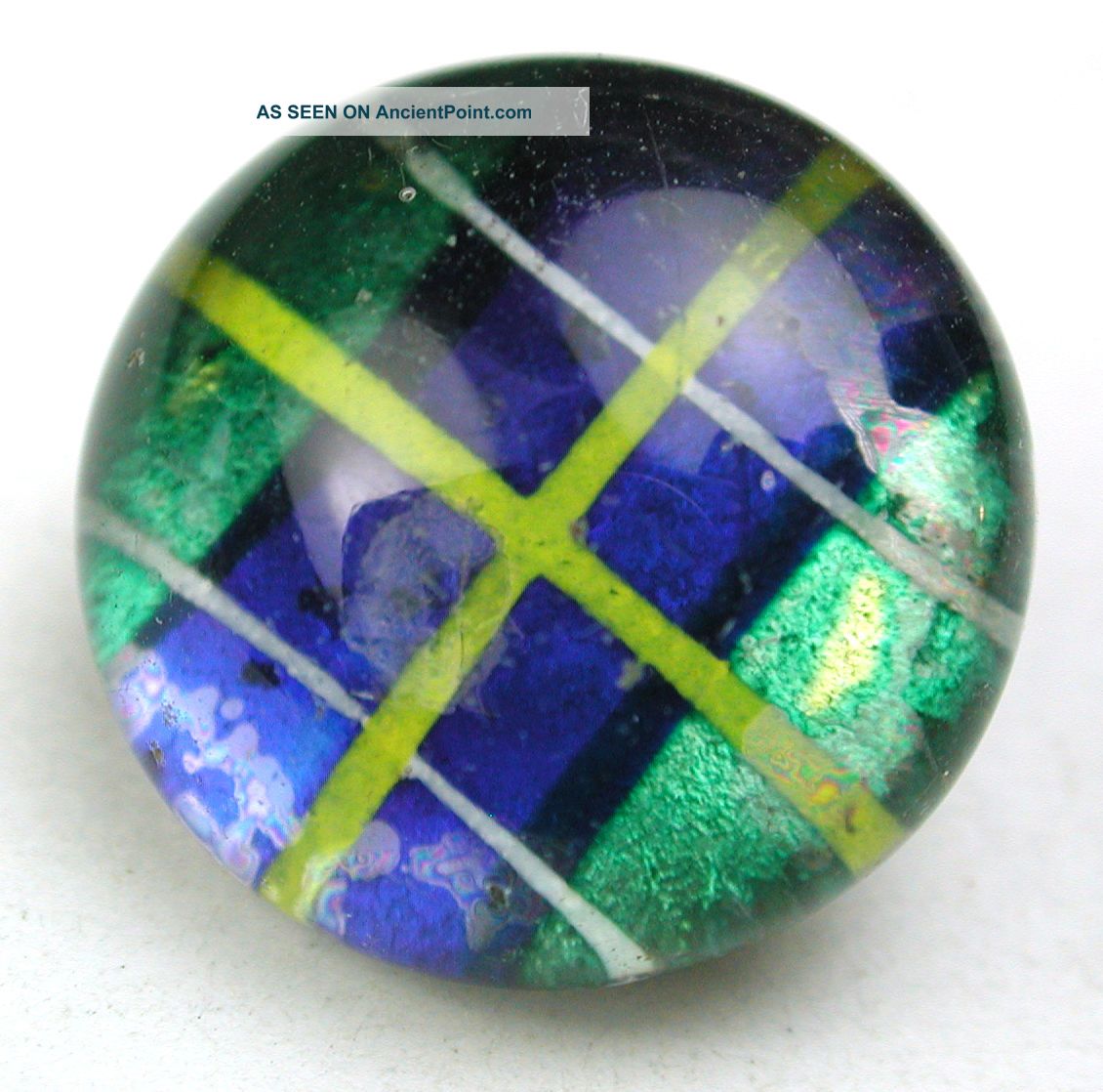 Antique Kaleidoscope Glass Button Green Blue Yellow Pattern - 9/16 